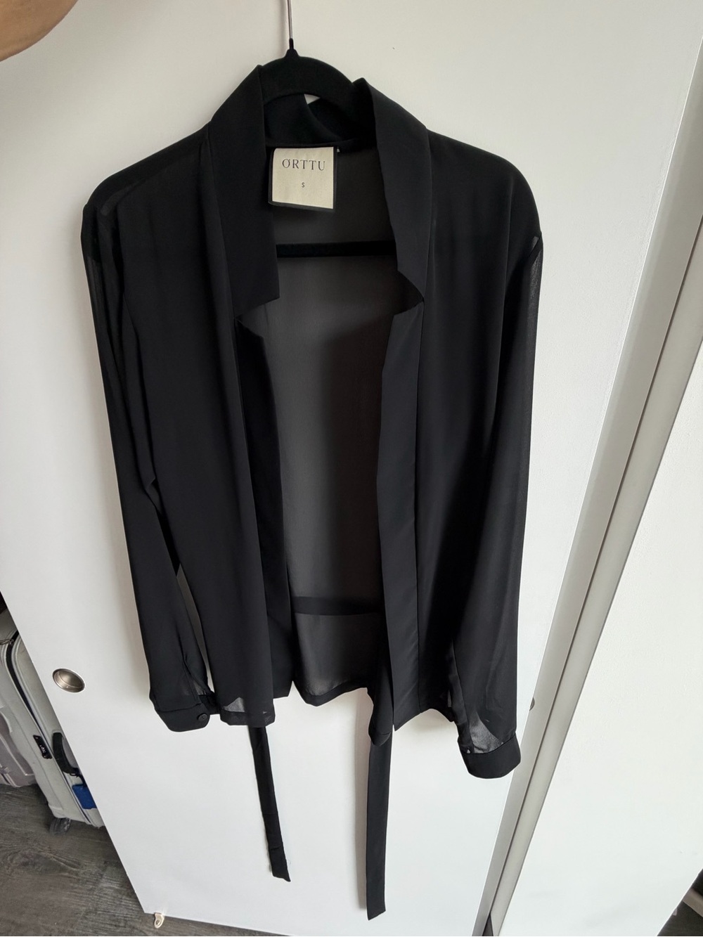 ORTTU Black Sheer Tie-Front Drape Blouse